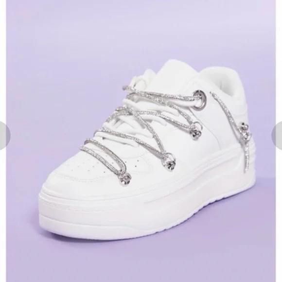 White Sneakers with Silver Accents with Rhinestone Lace - Picture 5 of 12